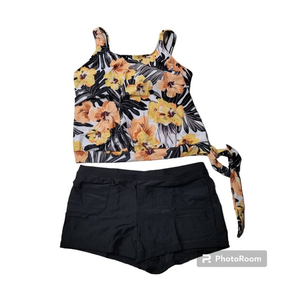 Tankini Boy Shorts Swimsuit Bathing Tropical Floral Pockets Wide Strap New 18 - Picture 1 of 16